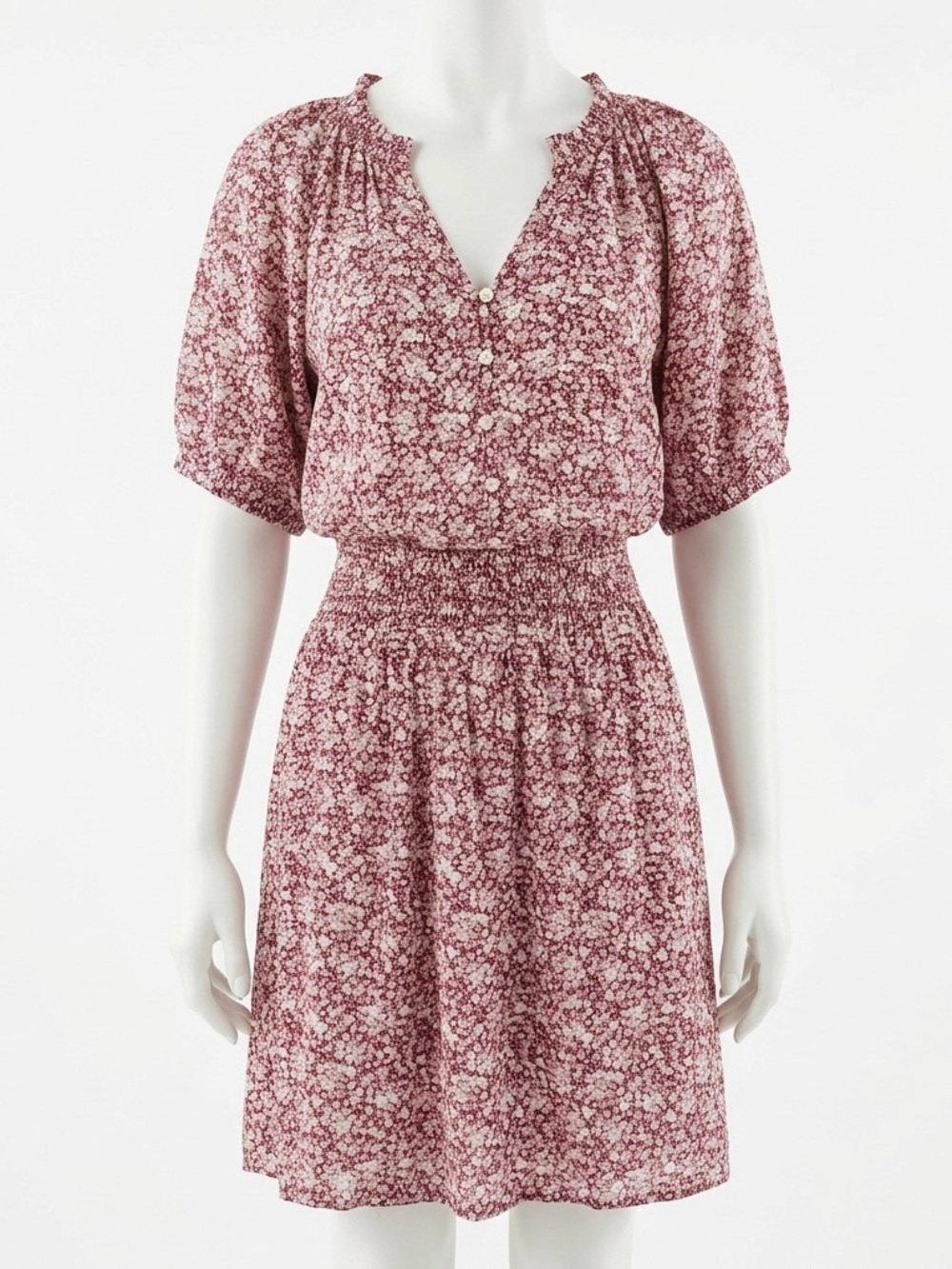 GAP Floral Smocked Waist Mini Button Dress Red Pink White Puff Sleeve Size L